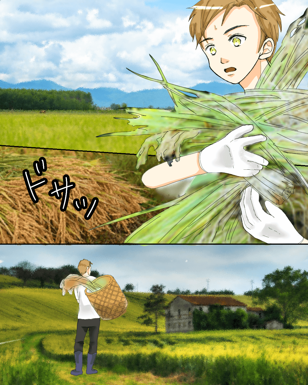 新解釈！百人一首①秋の田の かりほの庵の 苫をあらみ わが衣では 露にぬれつつ【Lovely創作漫画】のイメージ